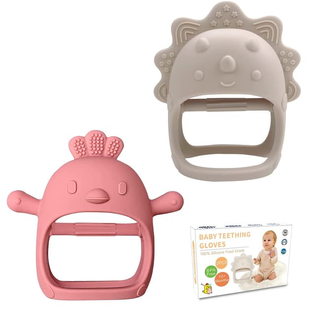 JUSONEY Baby Beißring, 2 Packungen Anti-Tropfen Silikon Beißspielzeug für Kleinkinder 12+ Monate, Baby Beißhandschuhe 3D Huhn und Triceratops Form verhindern Finger saugen für das Stillen von Babys