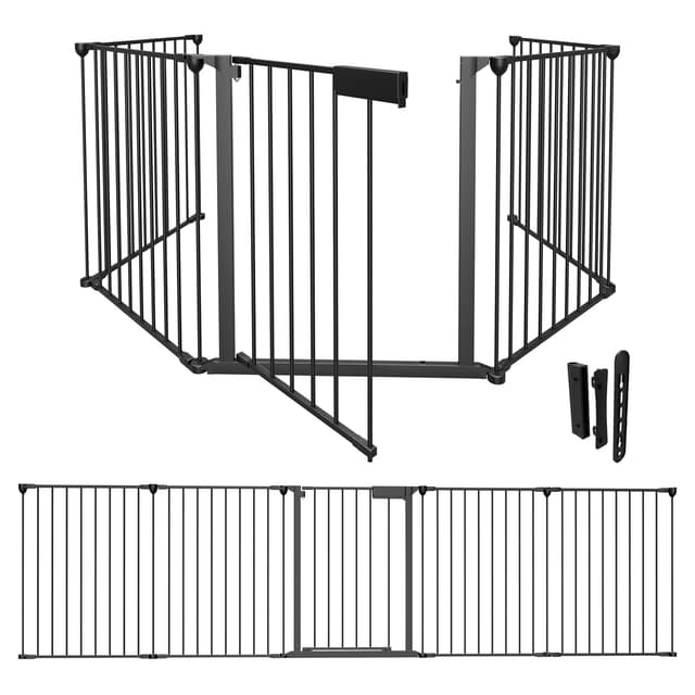 Eulenke Kaminschutzgitter mit Tür Metall 310cm Absperrgitter, Tierschutzgitter Babygitter Sicherung inkl. 5 teilig Elementen für Kinde, Ofenschutzgitter Laufstall faltbar 310cm-Schwarz