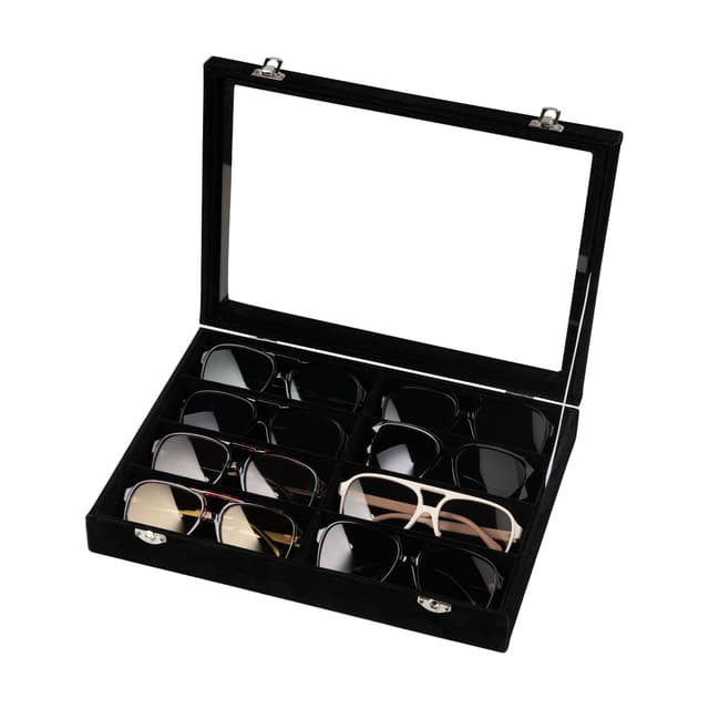 Frebeauty Samt-Organizer, Samt-Tablett, Brillen-Organizer, Sonnenbrillen-Tablett mit transparentem Deckel, Sonnenbrillenetui, Brillenetui, Uhren-Display Tinte Schwarz No Lid