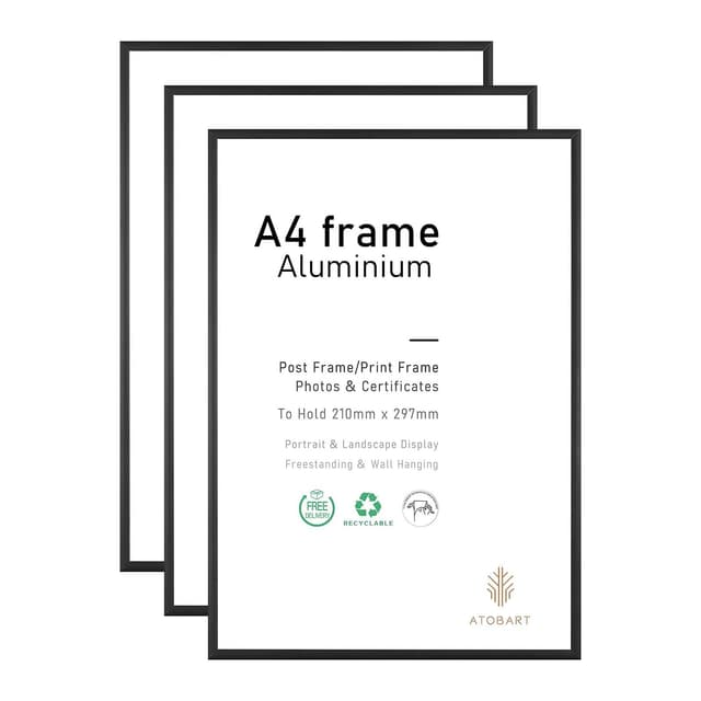 ATOBART A4-Fotorahmen, 3er-Pack-21x30cm schwarzer Bilderrahmen, Zertifikatsrahmen für Wandmontage oder Tischaufsteller, 3er-Set Schwarzes Aluminium A4,Satz von 3