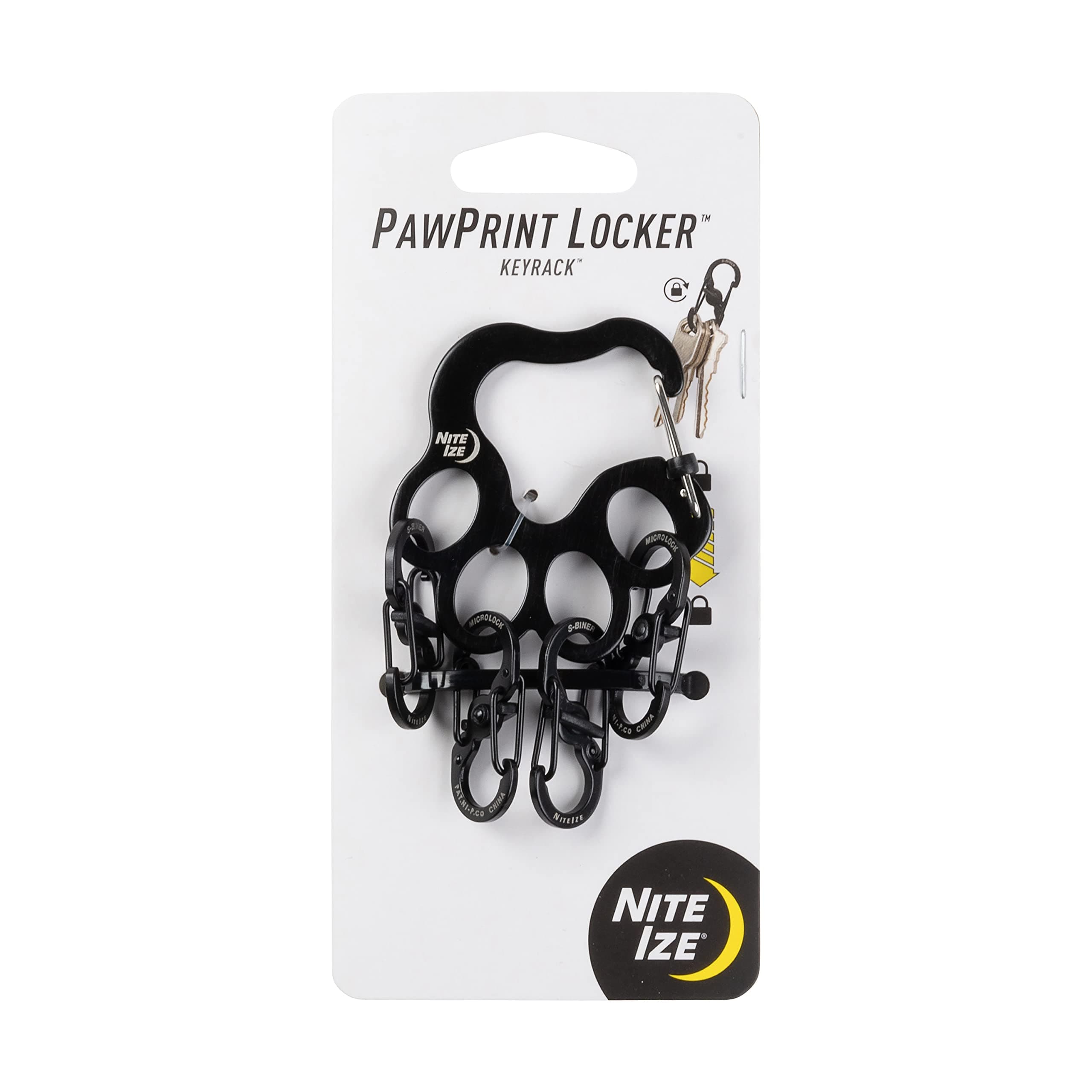 Nite Ize Pawprint Schlüsselbrett für Schließfach, Edelstahl, mit Karabiner, verfügt über 4 S-Biner MicroLocks zum sicheren Halten von Schlüsseln, Schwarz