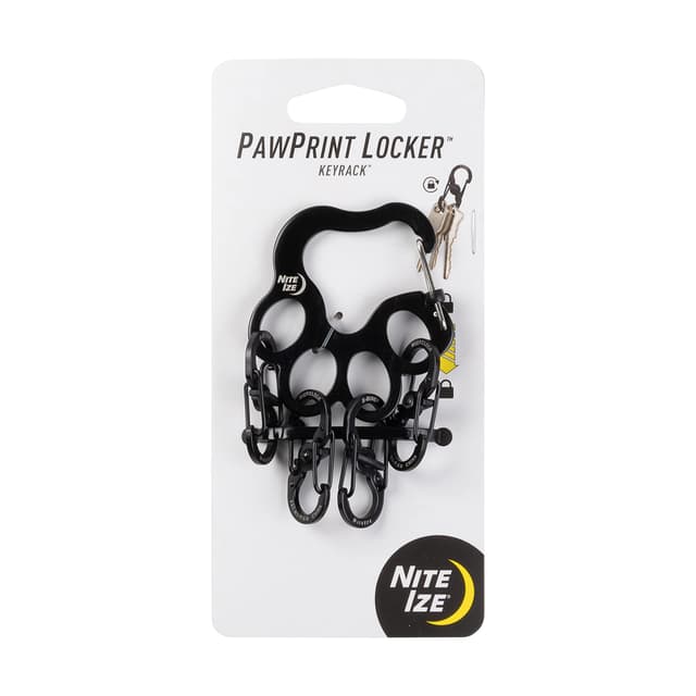 Nite Ize Pawprint Schlüsselbrett für Schließfach, Edelstahl, mit Karabiner, verfügt über 4 S-Biner MicroLocks zum sicheren Halten von Schlüsseln, Schwarz