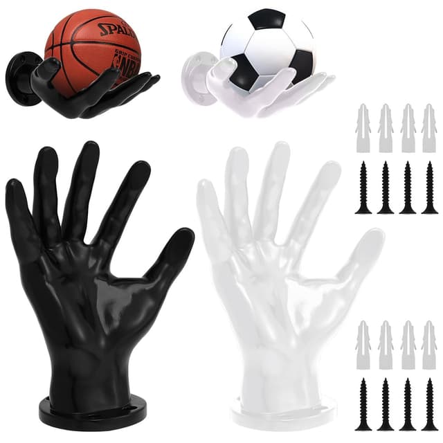 2 Stück Ballhalterung Wand Hand, Ballhalter Wand Hand Ultra Sicher Stabil Basketball Halterung mit 4 Schrauben 4 Nägel, Schwarz & Weiß Universal Wandmontage Ballhalter für Ball Schlüssel Kopfhör Seife Schwarz+weiß