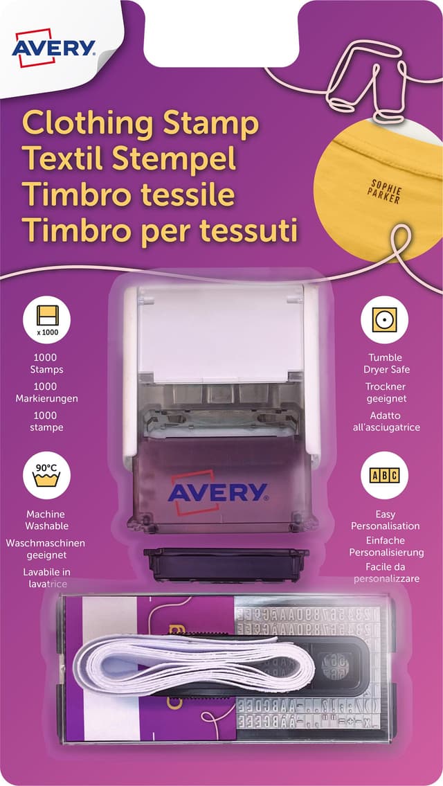 AVERY Zweckform CSTAMP.EU Textilstempel waschmaschinenfest (Namensstempel Kinder personalisierbar, mit Tastatur, Pinzette und Textilfarbe, Kleiderstempel 3 Zeilen;je 15 Zeichen, Schule, Kindergarten) Textilstempel 22,5x13,4mm