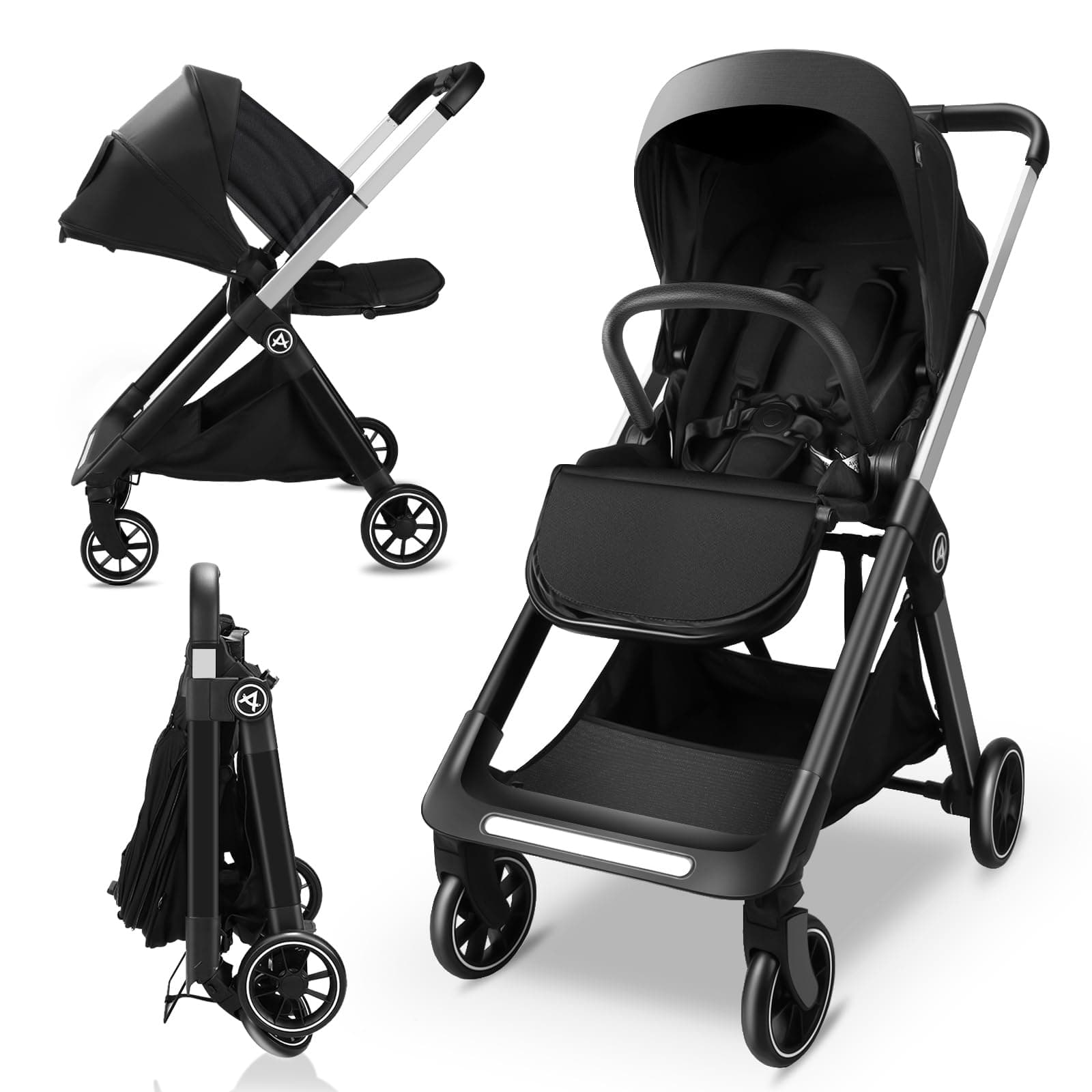 AOODIL Buggy Wendbarer Kinderwagen, Kompakter Kinderwagen, Kinderbuggy Klappbar Liegebuggy, Faltbarer Kleinkinderbuggy mit übergroßem Korb, Buggy mit Liegefunktion für 0-36 Monate, bis 22 kg (Black)