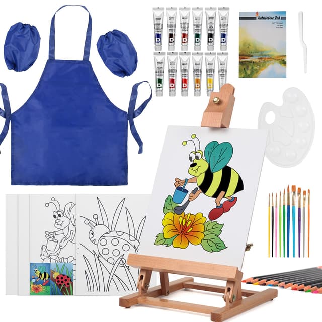 COOZEE 43-teiliges Malset mit Tischstaffelei, Acrylmalerei-Starterset mit 12 Acrylfarben, 12 Buntstiften, Pinseln, Leinwandplatten und Aquarellblock für Einsteiger & Hobbymaler Blau