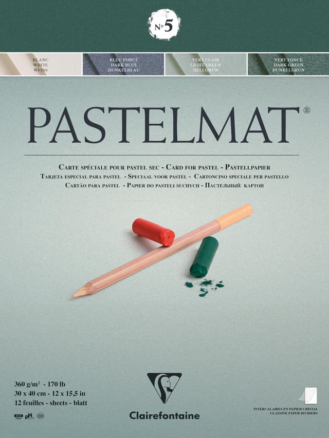 Clairefontaine 96115C Zeichenblock Pastelmat (12 Blatt, 30 x 40 cm, 360 g, mit 4 transparenten Trennblättern, Spezielkarton ideal fur Pastell und Kreide) dunkelblau, hellgrün, dunkelgrün und weiß 30 x 40 cm Kartenblock Nr. 5