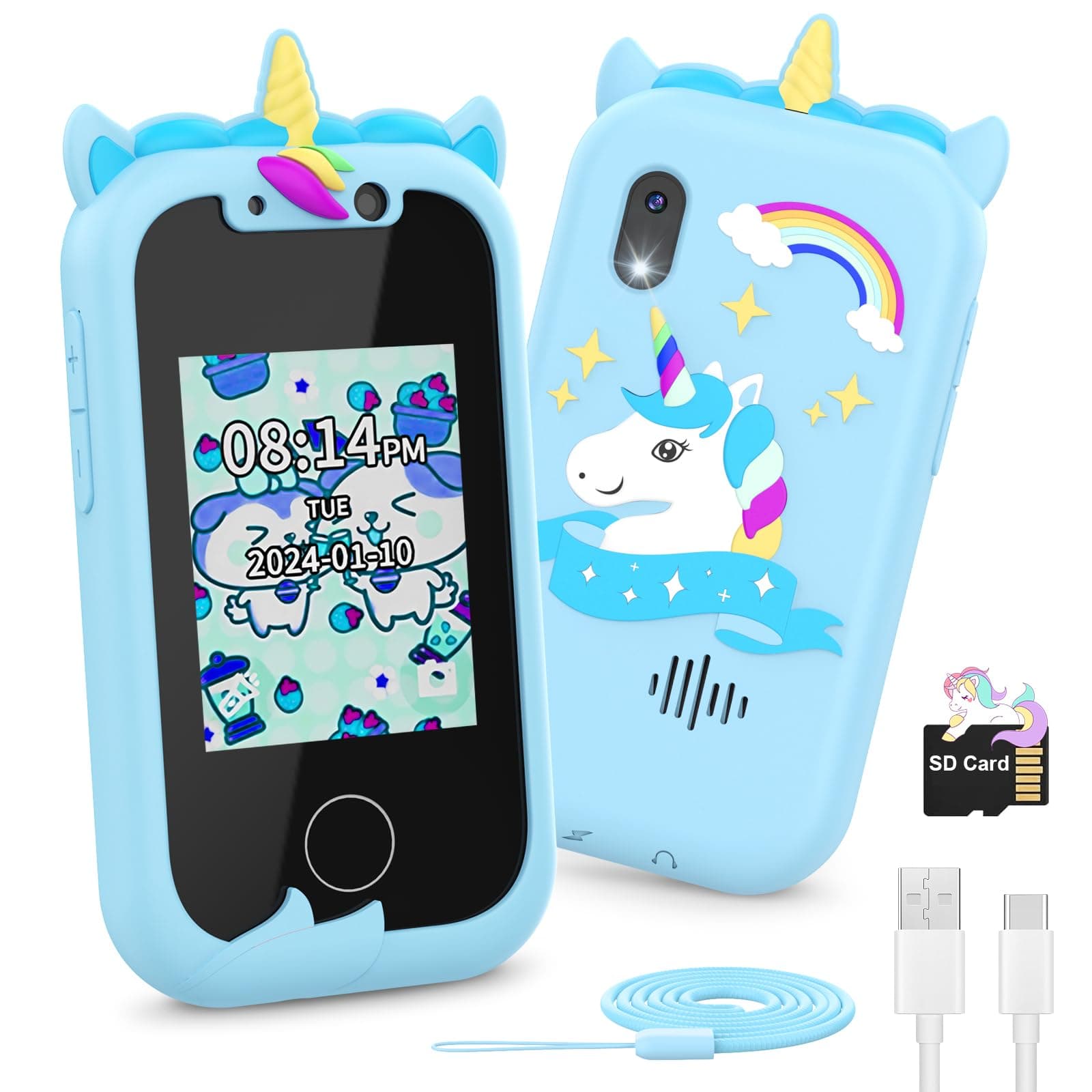 Ashfly 2.4“ Einhorn Kinder Kamera, 1080P HD Dual Kamera Kinder Handy Spielzeug aufnehmbar Video, Kids Smartphone Spielzeug mit SD Karte, Pretend Smartphone für 3-10 Jahre Mädchen Jungen