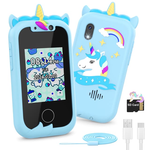 Ashfly 2.4“ Einhorn Kinder Kamera, 1080P HD Dual Kamera Kinder Handy Spielzeug aufnehmbar Video, Kids Smartphone Spielzeug mit SD Karte, Pretend Smartphone für 3-10 Jahre Mädchen Jungen