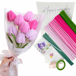 YYUENG TAK Rosa Tulip Bouquet, Pfeifenreiniger Blumen Set,mit 200 Stück pfeifenputzer zum basteln Blumen(4 Farben), Anleitung,12 Stück grünem Bastelfaden,Geschenkpapier,Geschenkband,Klebeband