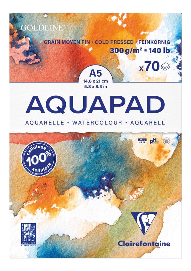 Clairefontaine 975720C - Aquarell Malblock Goldline, 70 Blatt, 300g Zeichenpapier, mittelfein gekörnt, DIN A5, 14,8x21 cm, 1 Stück Single A5 (14,8x21 cm)