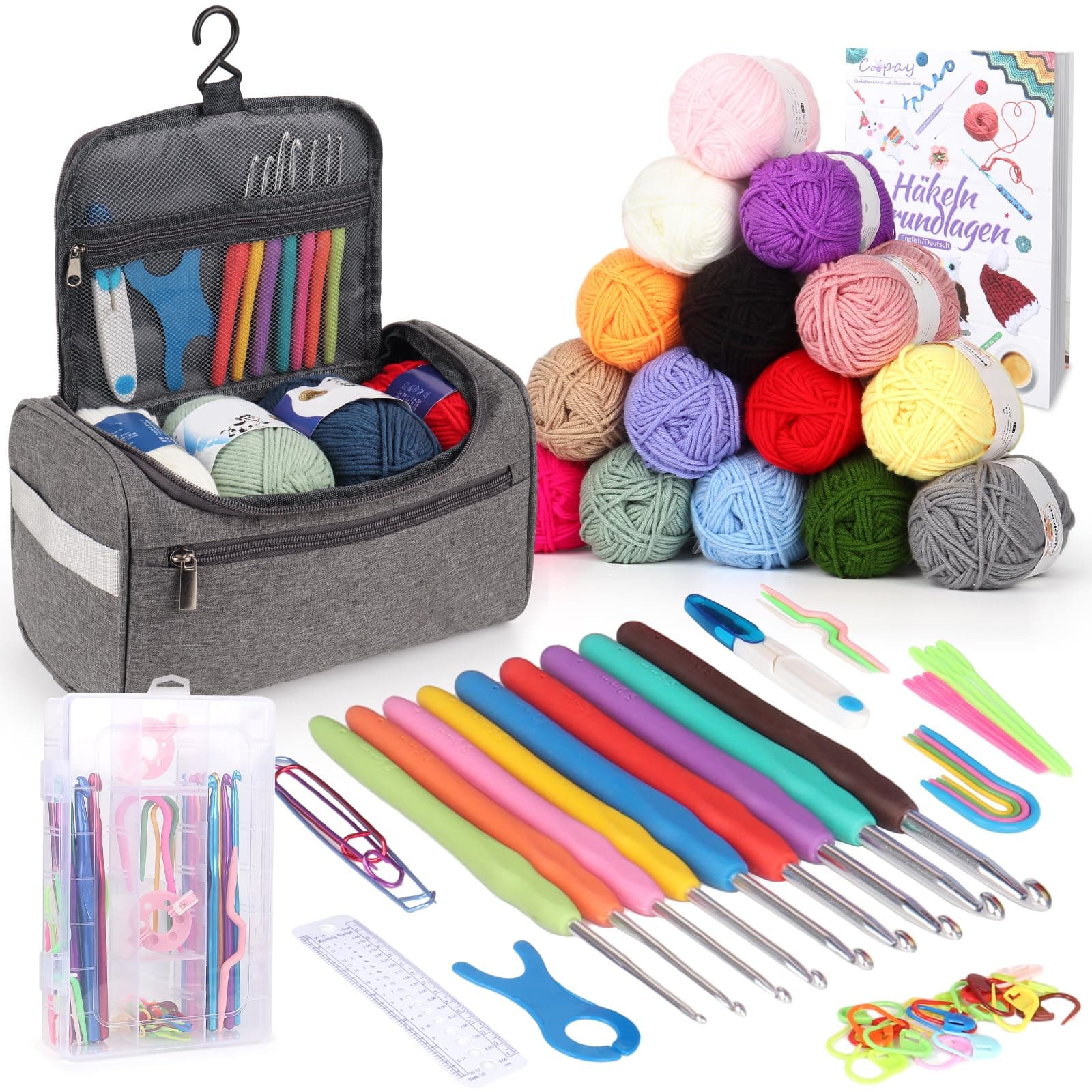 Coopay Tragbar Häkelset für Anfänger, Häkelnadel Set mit 15 Wolle, Tasche, Häkelzubehör, Ergonomische Häkelnadeln mit Weicher Griff und Metall Häkelnadel, 2,0-10 mm Praktische Häkelnadeln, Hellgrau