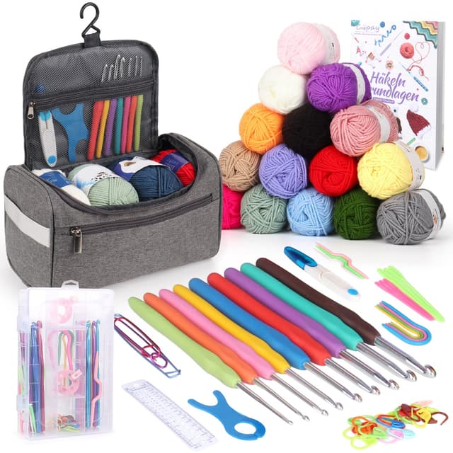 Coopay Tragbar Häkelset für Anfänger, Häkelnadel Set mit 15 Wolle, Tasche, Häkelzubehör, Ergonomische Häkelnadeln mit Weicher Griff und Metall Häkelnadel, 2,0-10 mm Praktische Häkelnadeln, Hellgrau