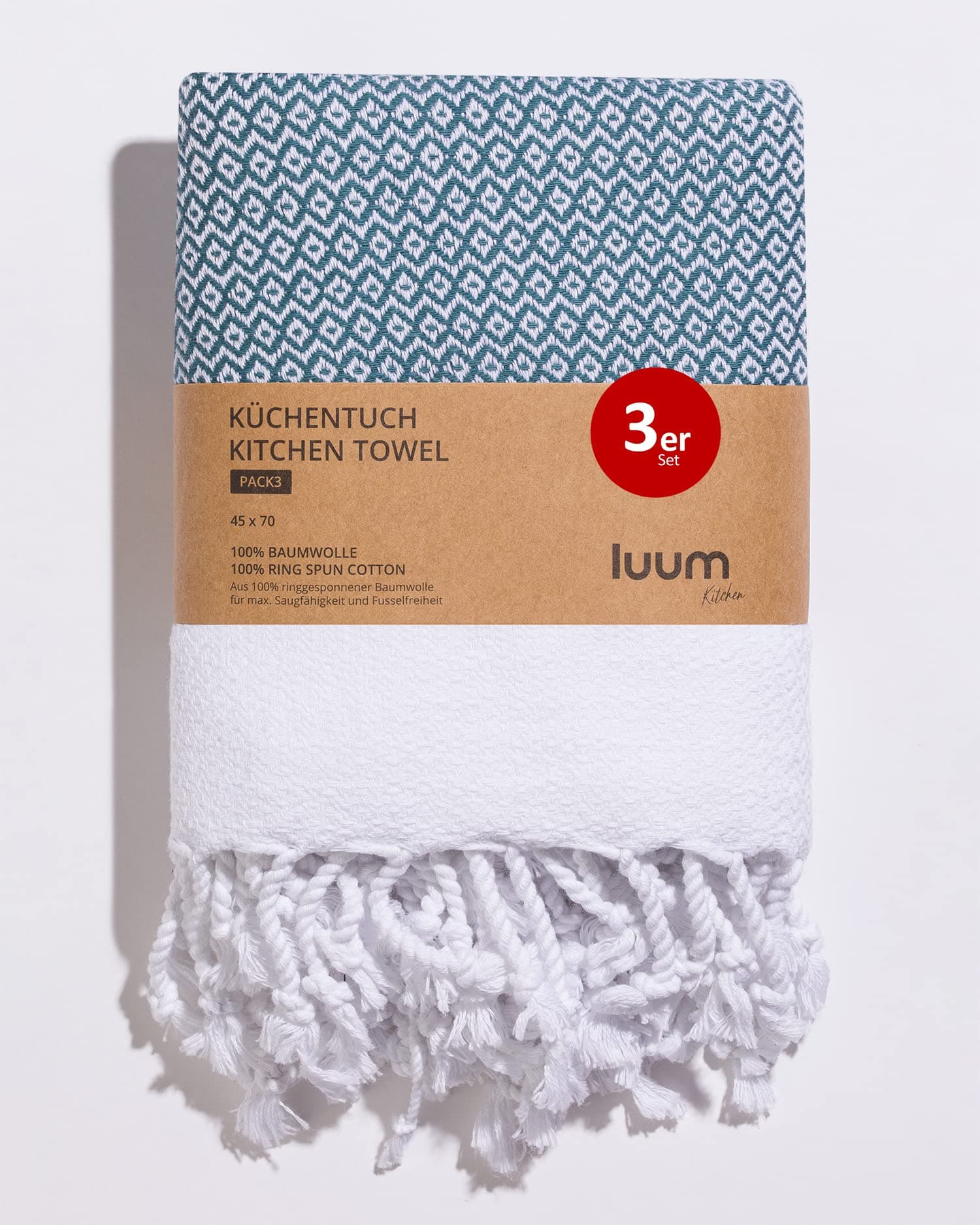 Luum® 3er Set Geschirrtücher, Geschirrhandtücher, Küchentücher, Küchenhandtücher, 100% ringgesponnene Baumwolle, schnelltrocknend, fusselfrei, Petrol, 45x70, Geschenkset 3er-Set [45x70] 70 - Petrol