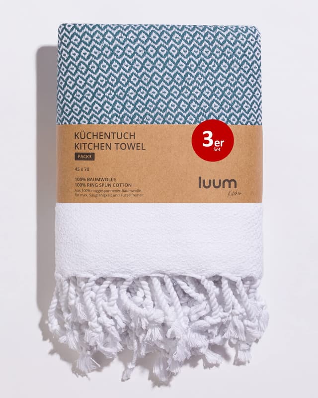 Luum® 3er Set Geschirrtücher, Geschirrhandtücher, Küchentücher, Küchenhandtücher, 100% ringgesponnene Baumwolle, schnelltrocknend, fusselfrei, Petrol, 45x70, Geschenkset 3er-Set [45x70] 70 - Petrol