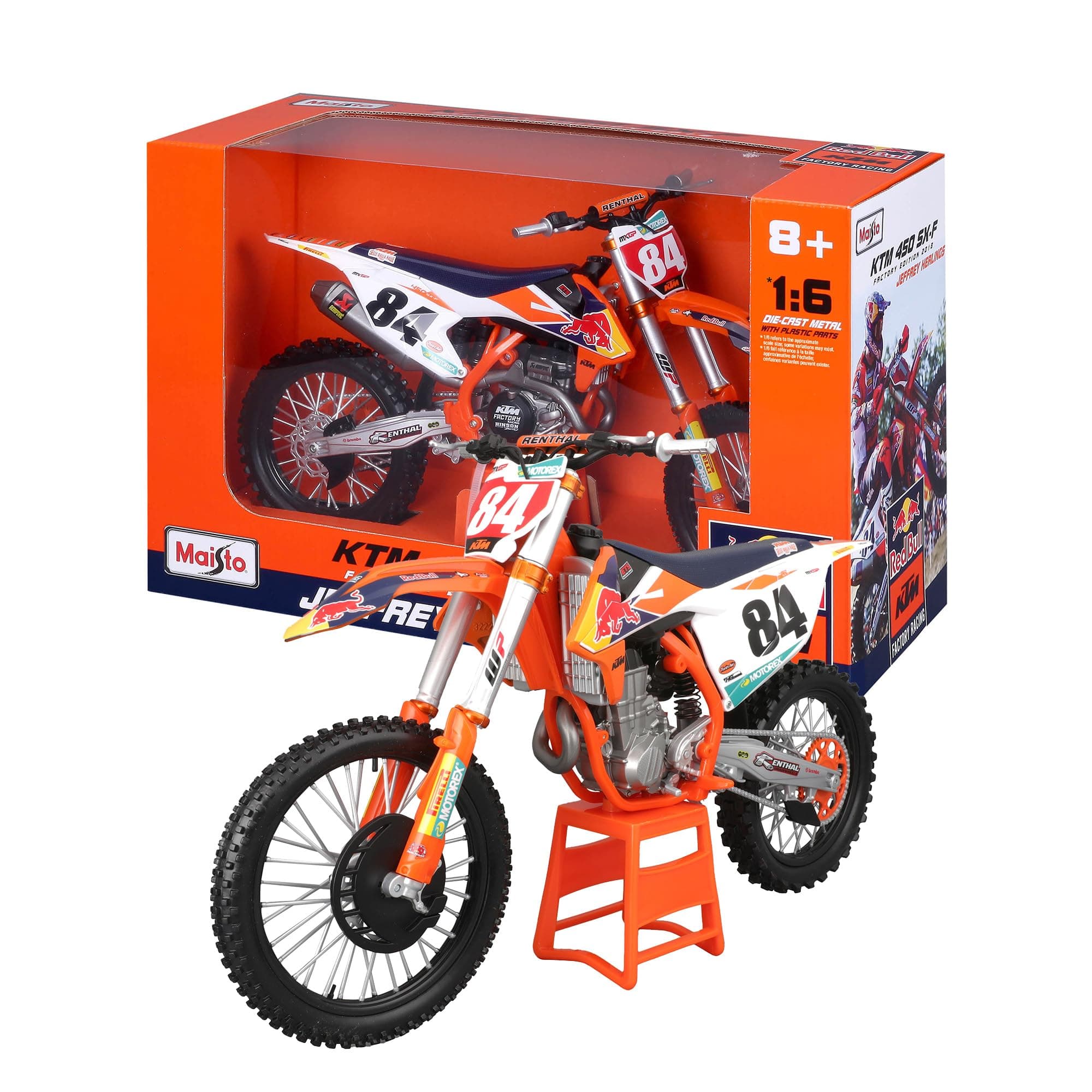 Maisto M32228 KTM 450 SX-F Factory Edition 2018: Modellmotorrad im Maßstab 1:6, Jeffrey Herlings, 37 cm, orange (532228)