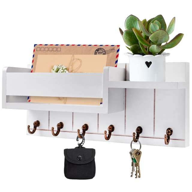 Orixo Schlüsselbrett mit Holztablett, Schlüsselablage Wand mit 6 Haken, Schlüsselhalter Wand, Schlüsselhaken mit Ablage, Schlüsselaufhänger, für Eingang, Flur, Wohnzimmer, Schlafzimmer, Büro, Weiß
