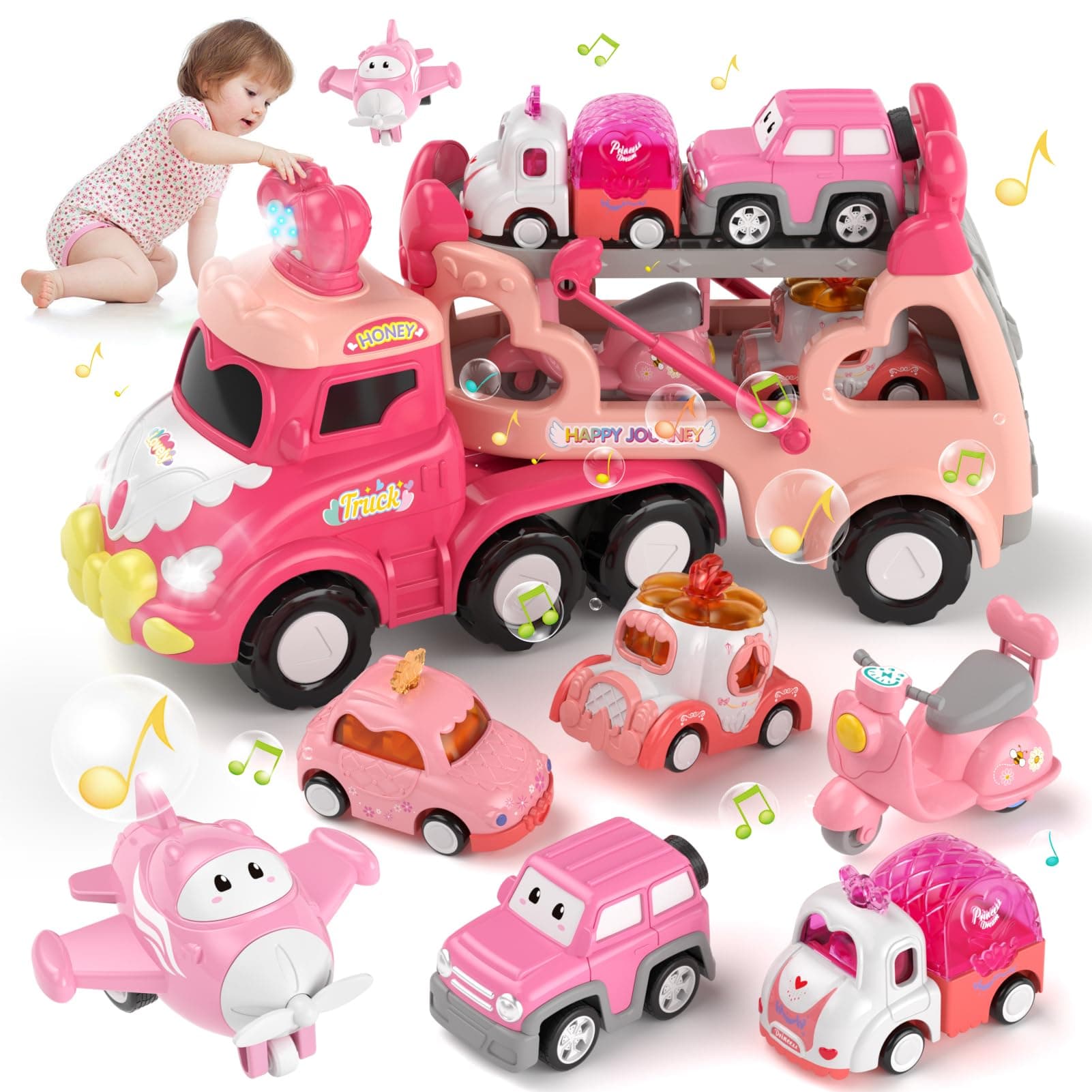 usrela Spielzeug Auto ab 2 3 jährige Mädchen Geburtstag, 7-in-1 Mädchen Transporter-LKW für Kleinkinder von 1 bis 3 Jahren, Spielzeugautos mit Licht und Musik Geburtstag für 3 4 Mädchen
