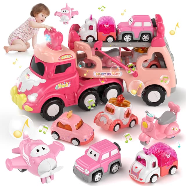 usrela Spielzeug Auto ab 2 3 jährige Mädchen Geburtstag, 7-in-1 Mädchen Transporter-LKW für Kleinkinder von 1 bis 3 Jahren, Spielzeugautos mit Licht und Musik Geburtstag für 3 4 Mädchen