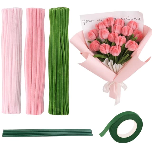 FORYNXHWIN Tulpe Blumenstrauß Pfeifenreiniger Set, 300 Stück Pfeifenputzer zum Basteln, Pfeifenreiniger zum Basteln mit Blumendraht, Klebeband, Grün Basteldraht, 3 Farben（Rosa, grüne, Hellrosa)