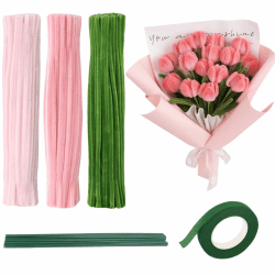 FORYNXHWIN Tulpe Blumenstrauß Pfeifenreiniger Set, 300 Stück Pfeifenputzer zum Basteln, Pfeifenreiniger zum Basteln mit Blumendraht, Klebeband, Grün Basteldraht, 3 Farben（Rosa, grüne, Hellrosa)