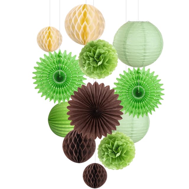 Easy Joy 12 Stück Dschungel Deko Grün,Einbeziehen Papier Pompons,Papier Fächer,Papierlaterne,Wabenbälle für Dschungel Deko Geburtstag,Hochzeit,Baby Shower,Gartenparty Salbei Set