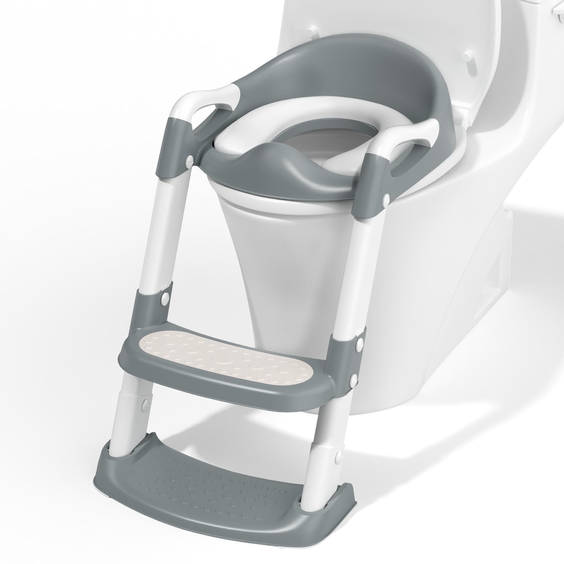 COOSEYA Toilettensitz Kinder, Toilettensitze für Jungen Mädchen, Kinder Toilettensitz mit Treppe,WC Sitz Kind Zusammenklappbar Rutschfest Spritzschutz Weiche Polsterung Sicherheitsgriffe (Grau)