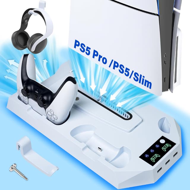 Sehawei PS5 Ständer mit 3 stufig Lüfter,PS5/PS5 Pro Standfuß mit 3 Extra USB Ports/PS5 Controller Ladestation/Headset Halter/Fernbedienung Slot für PS5 Slim Disc & Digital/PS5/PS5 Pro Disc & Digital