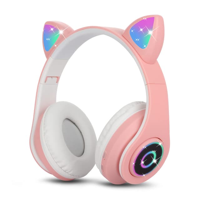 Sendowtek Bluetooth Kopfhörer für Kinder Mädchen Over Ear Niedlich Katzenohren LED Licht Kabellos Kopfhörer für Kinder Jungen Erwachsene Tablet/PC/Phone Rosa