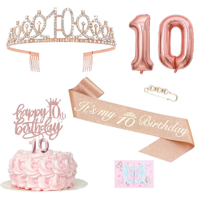 10 Geburtstag Mädchen Deko, 10. Geburtstagskrone und Schärpe, Tortendeko und Kerzen, Roségold Folienballon 10, 10. Geschenk für Mädchen zum Geburtstag Party Deko Supplies