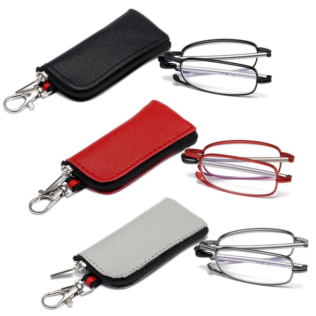 OWTXIS 3er-Pack Faltbare Lesebrille für Herren Damen, Schlüsselanhänger kompakte Leser blaues Licht tragbare Taschenbrille Schwarz+rotguss+rot 2.25 x