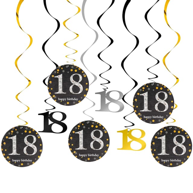 TJYAEKLTD 18.Geburtstag deko, 22 Stücke Schwarz Gold 18. Geburtstag Hängend Wirbel Dekoration, für 18 Geburtstag, Hochzeit, Jubiläum oder Partydeko 18th