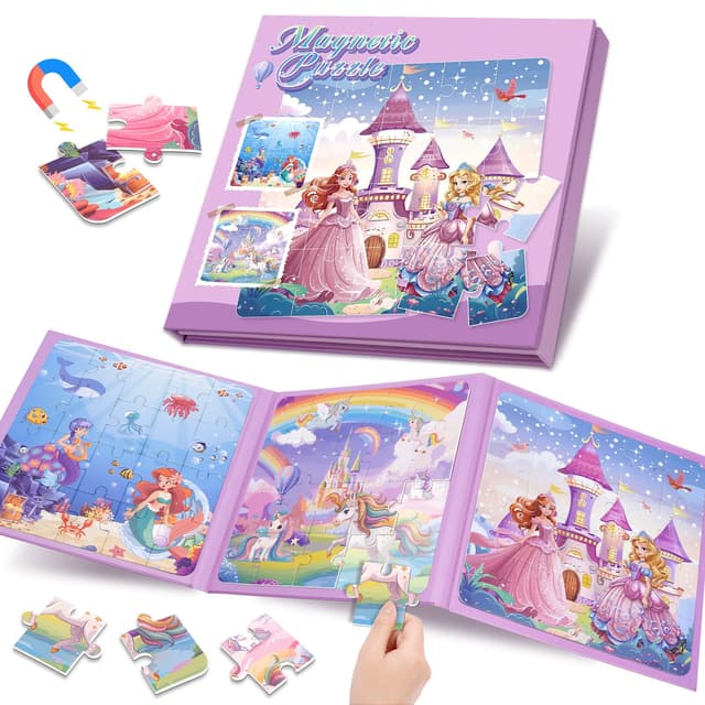 Dikence Magnet Puzzle Spielzeug für Junge Mädchen Kleinkind Geschenk Beschäftigung im Flugzeug Unterwegs Roadtrip Reisespiele - Kreative Geburtstag Geschenke 3-In-1(Einhorn+Prinzessin+Meerjungfrau)