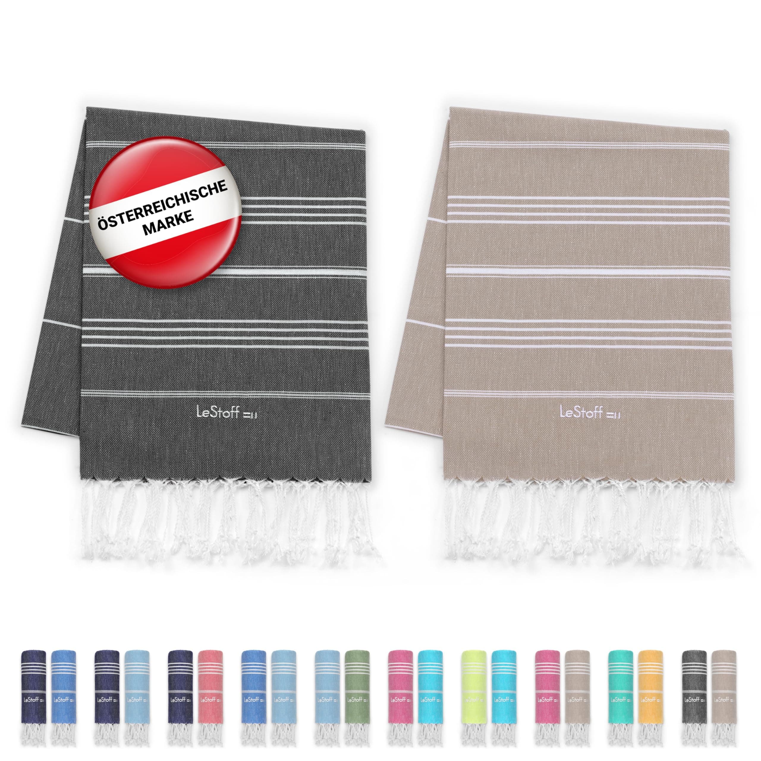 LeStoff 2er-Set Hamamtuch 95 x 180 cm - 100% Bio-Baumwolle, Vorgewaschen, Nachhaltig, Saugstark & Schnelltrocknend, Reisehandtuch, Campinghandtuch, Badetuch, Saunatuch, Strandtuch (Anthracite + Beige) Anthracite - Beige