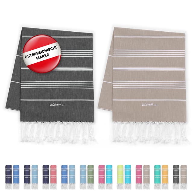 LeStoff 2er-Set Hamamtuch 95 x 180 cm - 100% Bio-Baumwolle, Vorgewaschen, Nachhaltig, Saugstark & Schnelltrocknend, Reisehandtuch, Campinghandtuch, Badetuch, Saunatuch, Strandtuch (Anthracite + Beige) Anthracite - Beige