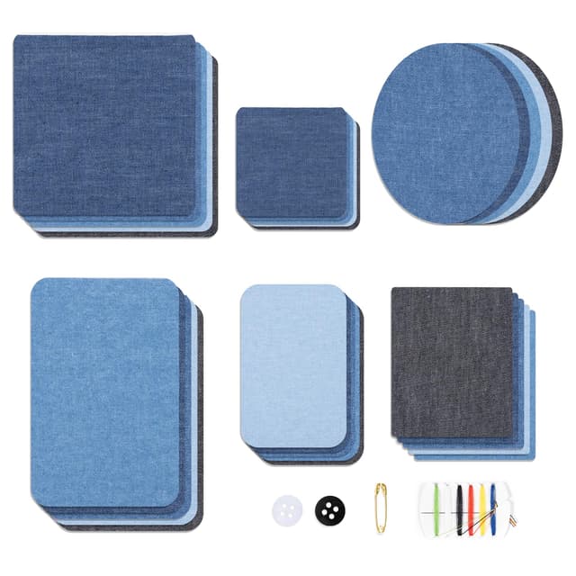 30 Stück Jeans Flicken zum Aufbügeln, 5 Farben Bügelflicken 6 Größen Aufbügelflicken Rechteck Quadrat Oval Jean Flickenfür Innen Außen Hose Erwachsene Kinder Blau