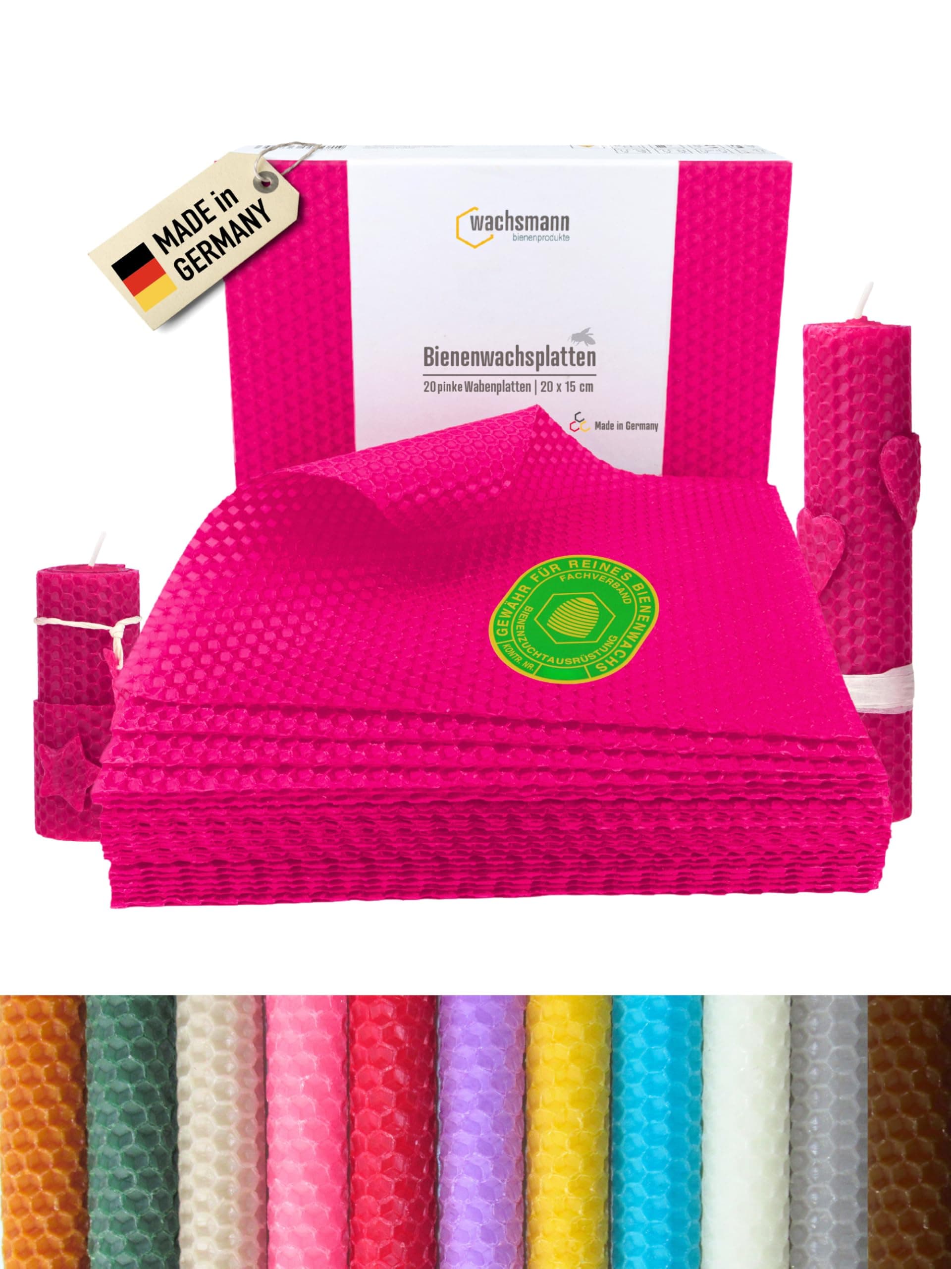 Wachsmann 20 Bienenwachsplatten aus Deutschland, pink, Wachsplatten 20 x 15 cm, Bienenwachs Kerzen selber Machen, Kerzenwachs Pink | 20 X 15 Cm