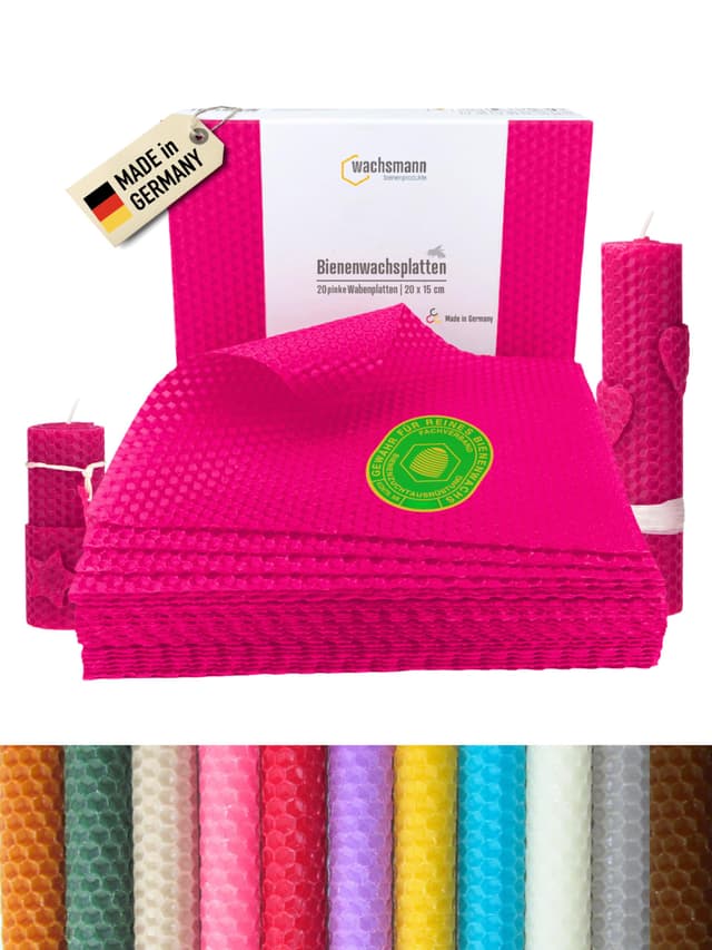 Wachsmann 20 Bienenwachsplatten aus Deutschland, pink, Wachsplatten 20 x 15 cm, Bienenwachs Kerzen selber Machen, Kerzenwachs Pink | 20 X 15 Cm