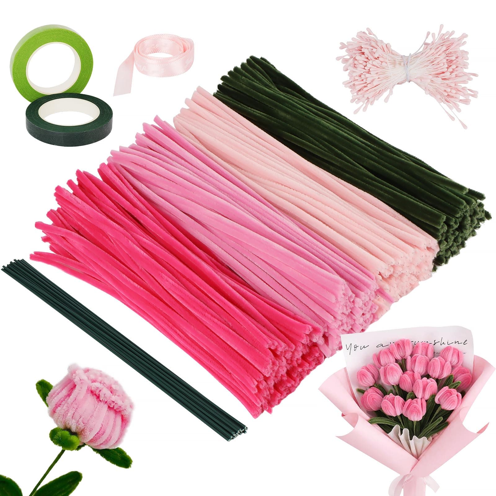 QMLING 400 Stück Pfeifenputzer zum Basteln, Pfeifenreiniger Blumen Set, 4 Farben Pipe Cleaner mit Blumen Staubblatt Floral Tape Blumendraht und Geschenkband für DIY Blumenstrauß
