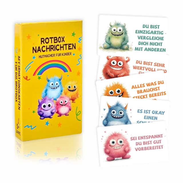 Oizemori 20 Affirmationskarten für Kinder – Mutmachkarten mit niedlichen Monster-Motiven, Motivationskarten & Achtsamkeitskarten für Schule, Kita & Brotdose – Geschenk für Jungen & Mädchen