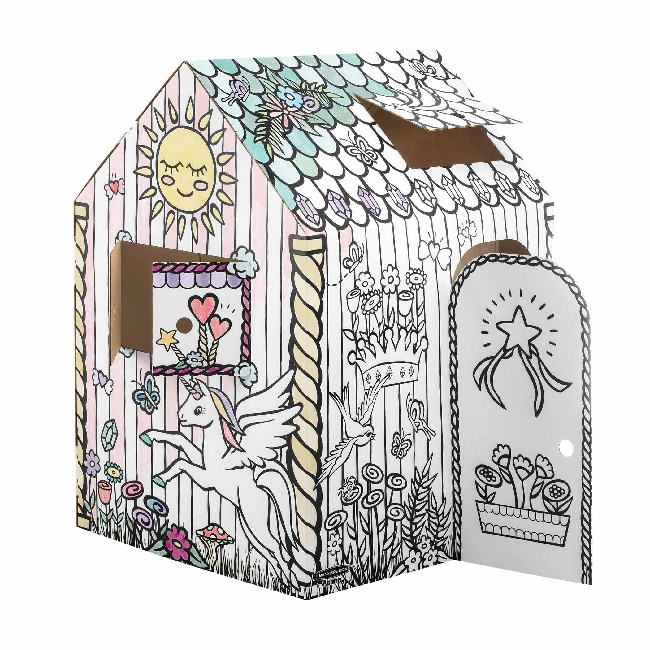BANKERS BOX Einhorn-Spielhaus aus Pappe für Kinder XXL (81,3x96,5x121,3cm) - Puppenhaus und Einhorn-Spielzeug aus farbigem Karton - FSC-Zertifiziert und recycelbar - Bastelspaß für Kinder ab 3 Jahren