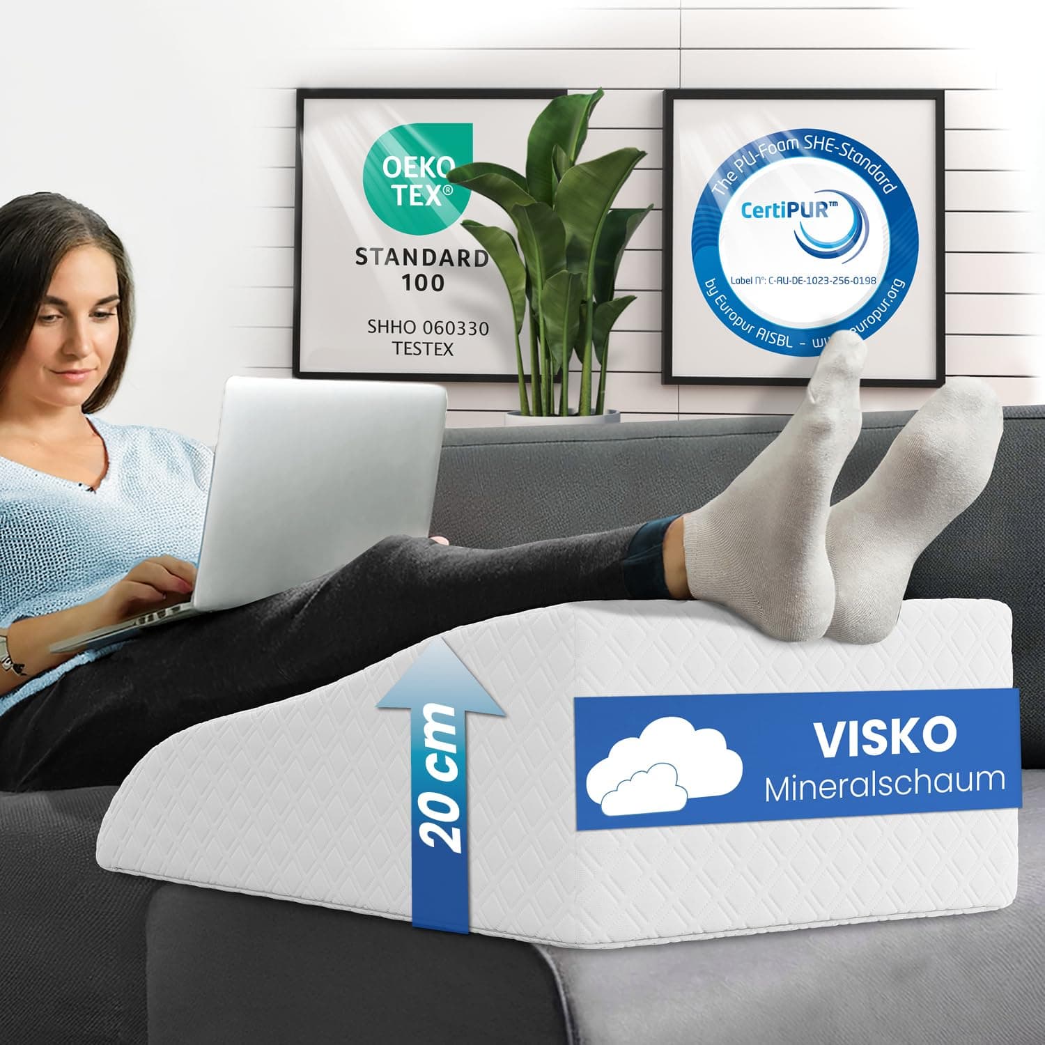 ELONEO Venenkissen Beinhochlagerungskissen aus Memory Foam, Beinkissen zur Entlastung, Lagerungskissen mit abnehmbaren Bezug, 65x40x20 cm, weiß Medium Weiß