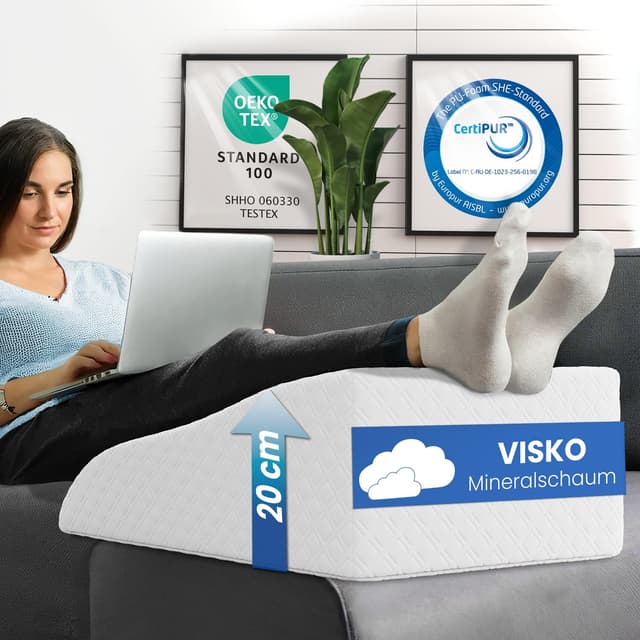 ELONEO Venenkissen Beinhochlagerungskissen aus Memory Foam, Beinkissen zur Entlastung, Lagerungskissen mit abnehmbaren Bezug, 65x40x20 cm, weiß Medium Weiß