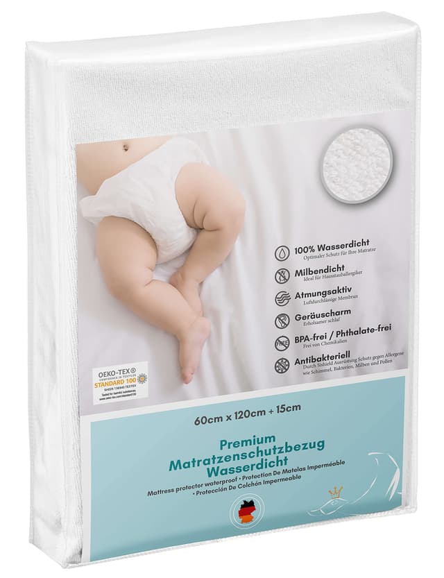 Luxusfeder - Matratzenschutz wasserdicht 60x120 cm - Matratzenschoner Öko-Tex - Bester Nässeschutz - SiShield® Hygieneschutz optimal für Allergiker - atmungsaktiv 60 x 120 cm