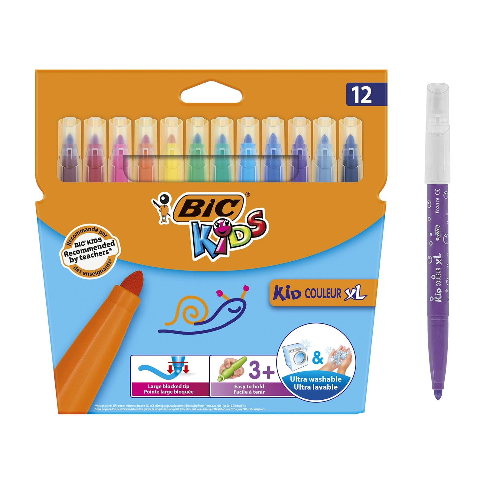 BIC Kids Filzstifte Kid Couleur XL, Fasermaler zum Malen in 12 auswaschbaren Farben, mit dicker Spitze, im Karton Etui, ab 3 Jahre 1 stück (12er Pack) Single Single
