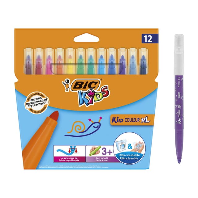BIC Kids Filzstifte Kid Couleur XL, Fasermaler zum Malen in 12 auswaschbaren Farben, mit dicker Spitze, im Karton Etui, ab 3 Jahre 1 stück (12er Pack) Single Single