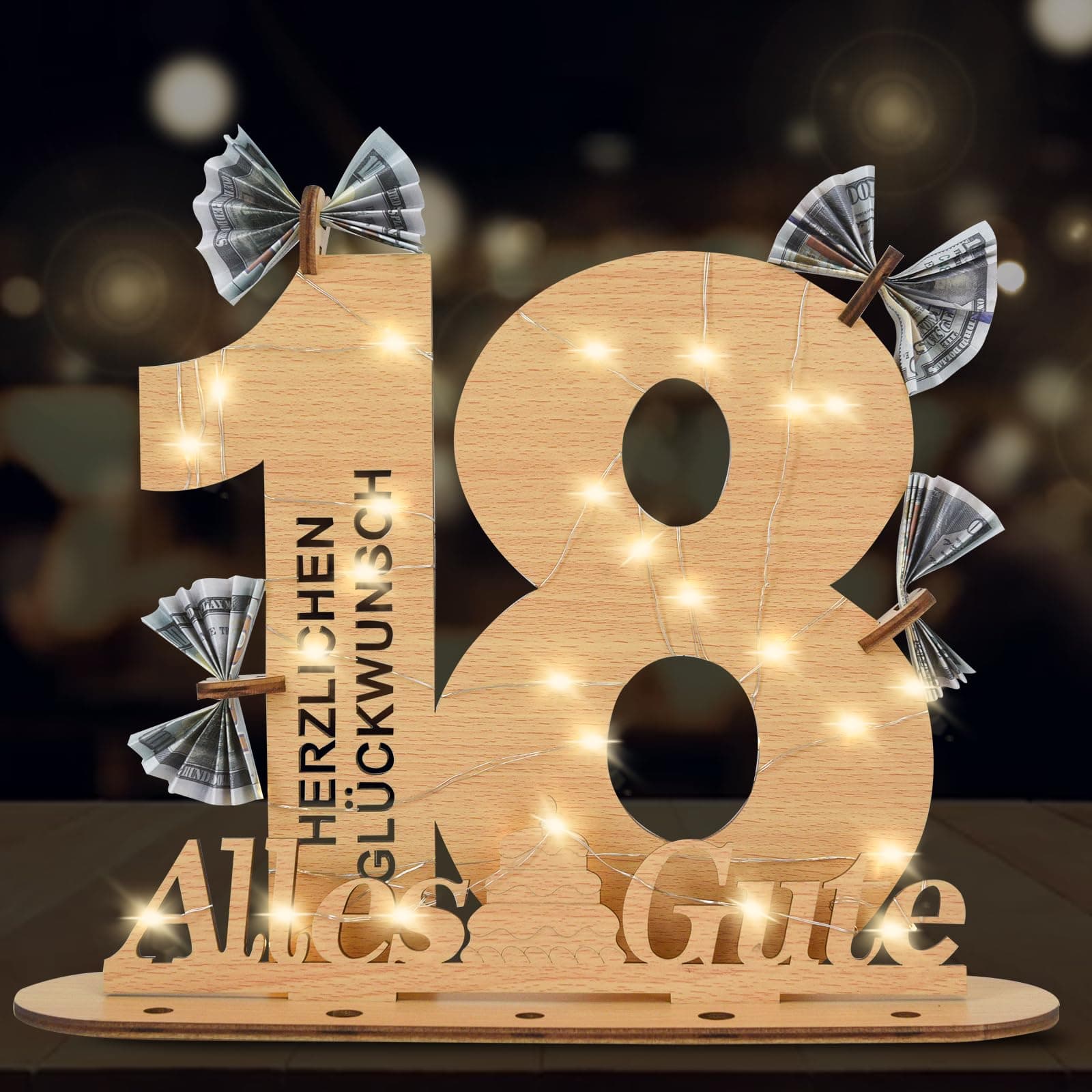 18 Geburtstag Mädchen Junge, Geldgeschenke Geburtstag 18 Alles Gute zum mit LED Lichterkette Ständer,Holz Geburtstags-Gästebuch 18.Geburtstag Deko,Coole Geschenkideen zum 18.Geburtstag Tischdeko. 18 Jahre