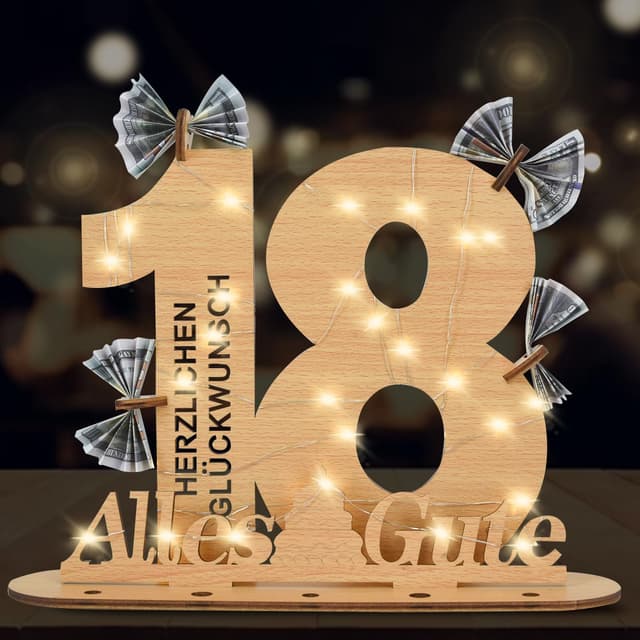 18 Geburtstag Mädchen Junge, Geldgeschenke Geburtstag 18 Alles Gute zum mit LED Lichterkette Ständer,Holz Geburtstags-Gästebuch 18.Geburtstag Deko,Coole Geschenkideen zum 18.Geburtstag Tischdeko. 18 Jahre