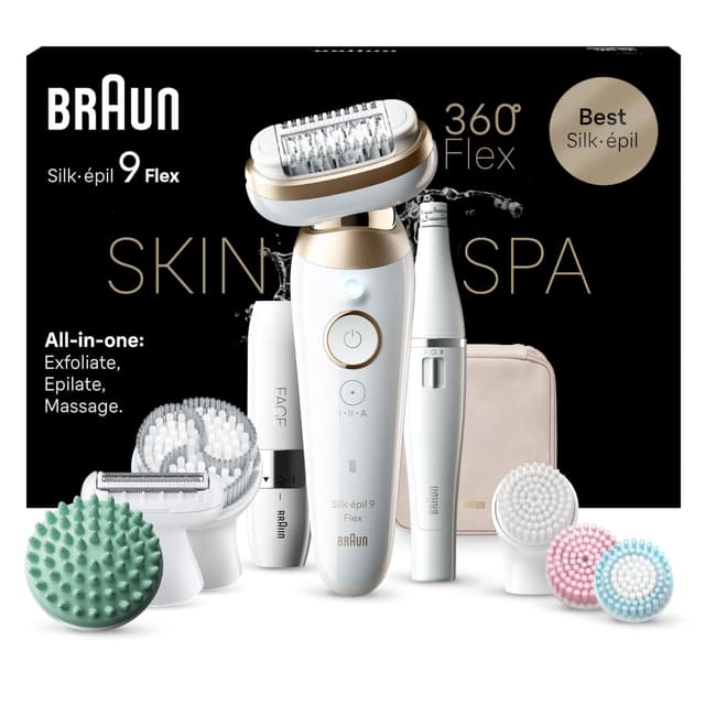 Braun Silk-épil 9 Flex SkinSpa All-in-One Set, Epilierer Damen / Haarentferner für langanhaltende Haarentfernung, Ladyshaver, Made in Germany, Facespa Gesichtshaarentferner, 9-681 3D, weiß/Gold + 12 Extras