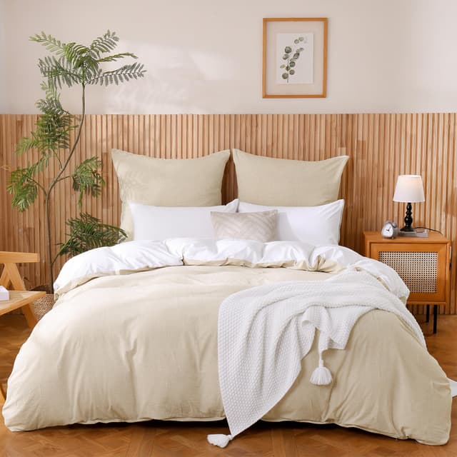 ATsense Bettwäsche 135x200 Baumwolle 4teilig, Beige Bettwäsche-Sets 100% Gewaschene Baumwolle mit Leinen Textur, Oeko-TEX für Allergiker 2 Bettbezug mit 2 Kissenbezüge 80x80 cm 2x135x200 cm+2x80x80 cm Beige